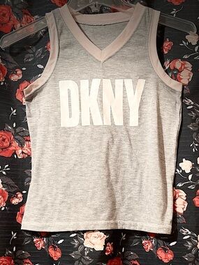 DKNY Girls' (ladies xs) Heather Gray Tank with Pale Pink Trim